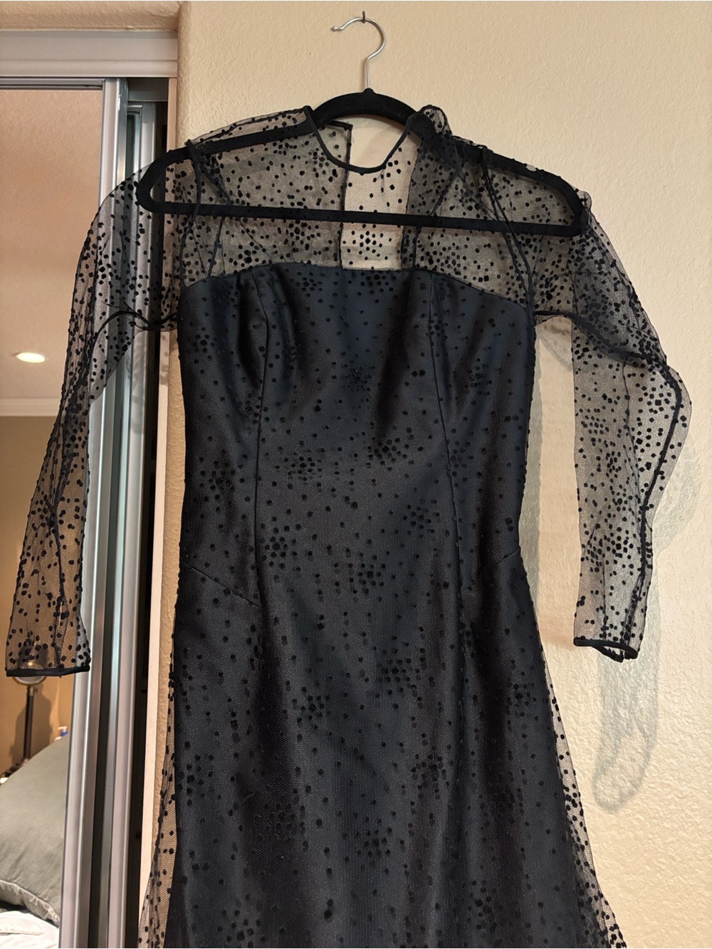 Elegant Black Long-Sleeve Sheer Dot Overlay Evening Dress